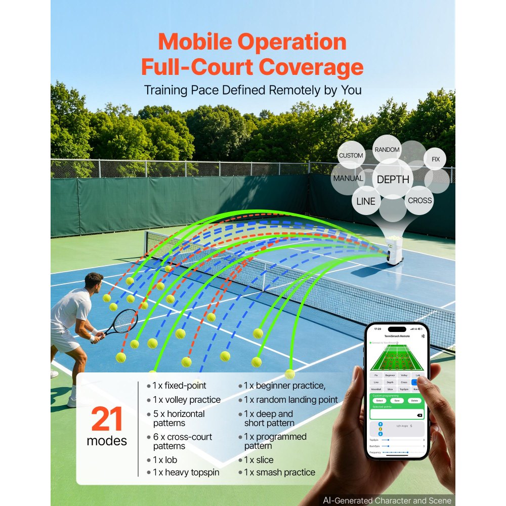 VEVOR Lanzador Automático de Tenis, Plástico, Capacidad para 110 Pelotas, Control Remoto Mediante Aplicación, 21 Modos, Batería de 4 Horas de Duración, Velocidades hasta 75 mph, para Entrenamiento