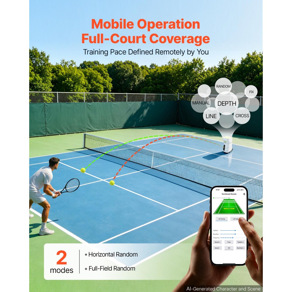 VEVOR Máquina Lanzapelotas de Tenis, Plástico, Capacidad para 110 Pelotas, Control Remoto Mediante Aplicación, 2 Modos, Batería de 4 Horas de Duración, Velocidades hasta 75 mph, para Entrenamiento