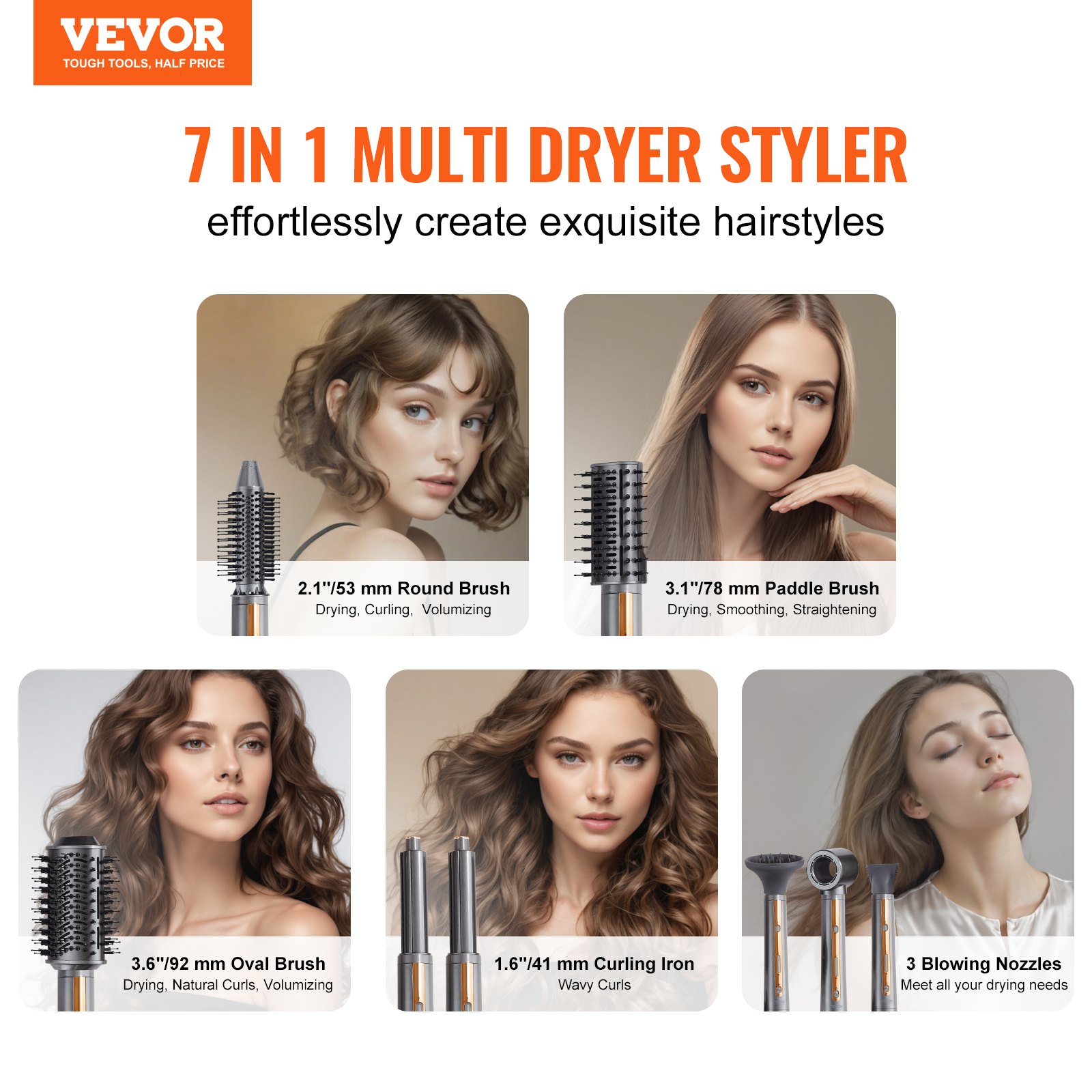 VEVOR Cepillo Secador y Moldeador de Cabello 7 en 1, 110 000 RPM con 2 Rizadores con Envoltura Automática, 3 Cepillos y 3 Boquillas, Secador de Cabello Iónico para Dar Volumen, 330 x 52 mm, Negro