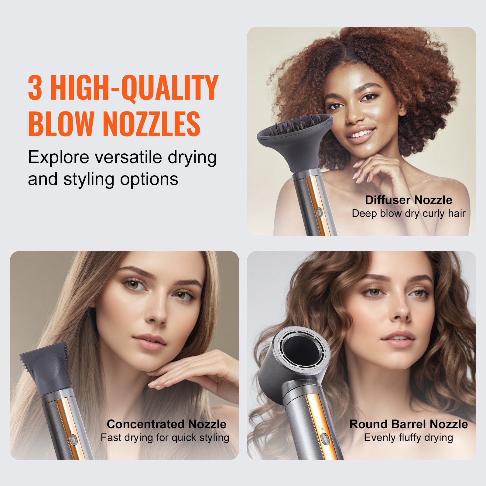 VEVOR Cepillo Secador y Moldeador de Cabello 7 en 1, 110 000 RPM con 2 Rizadores con Envoltura Automática, 3 Cepillos y 3 Boquillas, Secador de Cabello Iónico para Dar Volumen, 330 x 52 mm, Negro