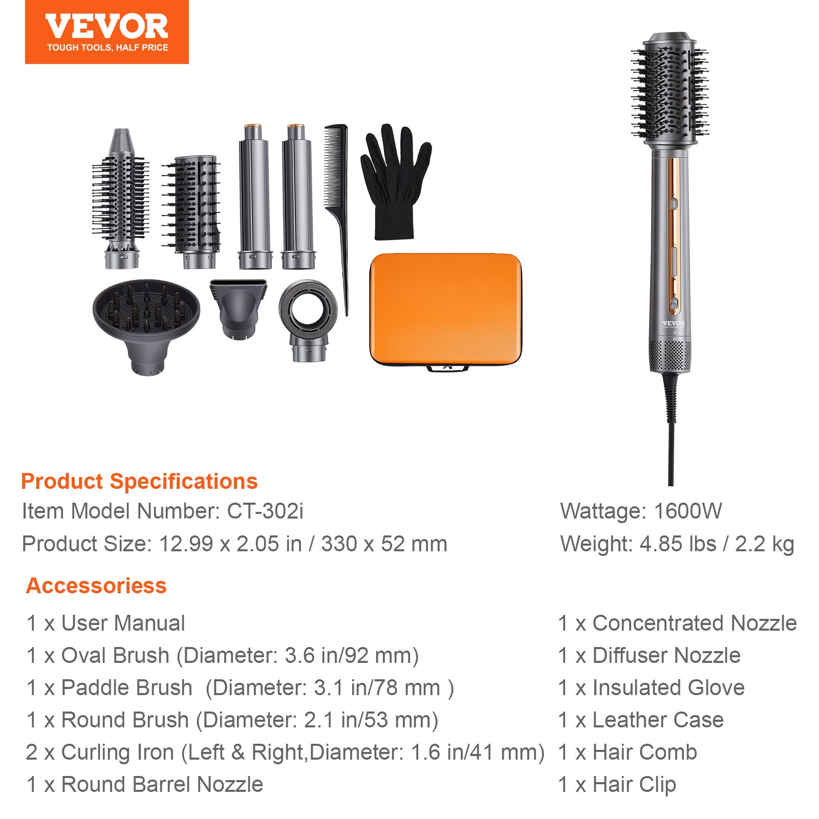 VEVOR Cepillo Secador y Moldeador de Cabello 7 en 1, 110 000 RPM con 2 Rizadores con Envoltura Automática, 3 Cepillos y 3 Boquillas, Secador de Cabello Iónico para Dar Volumen, 330 x 52 mm, Negro