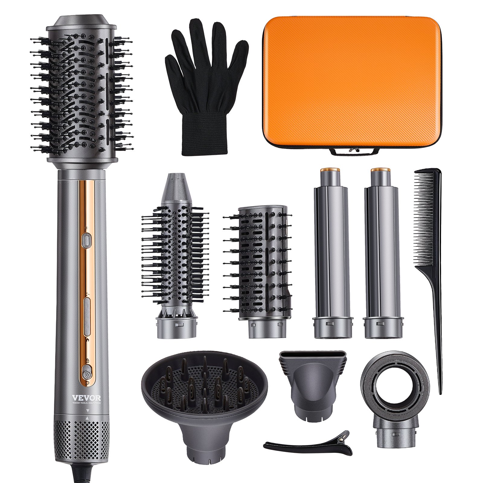 VEVOR Cepillo Secador y Moldeador de Cabello 7 en 1, 110 000 RPM con 2 Rizadores con Envoltura Automática, 3 Cepillos y 3 Boquillas, Secador de Cabello Iónico para Dar Volumen, 330 x 52 mm, Negro