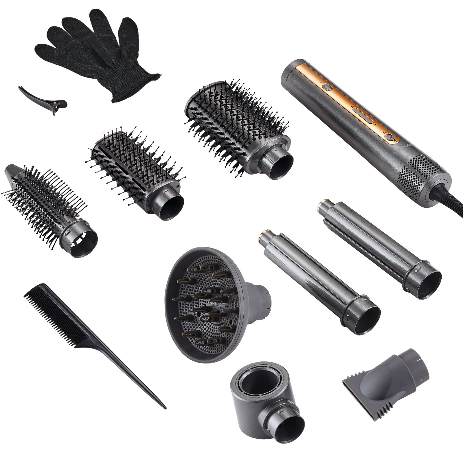 VEVOR Cepillo Secador y Moldeador de Cabello 7 en 1, 110 000 RPM con 2 Rizadores con Envoltura Automática, 3 Cepillos y 3 Boquillas, Secador de Cabello Iónico para Dar Volumen, 330 x 52 mm, Negro