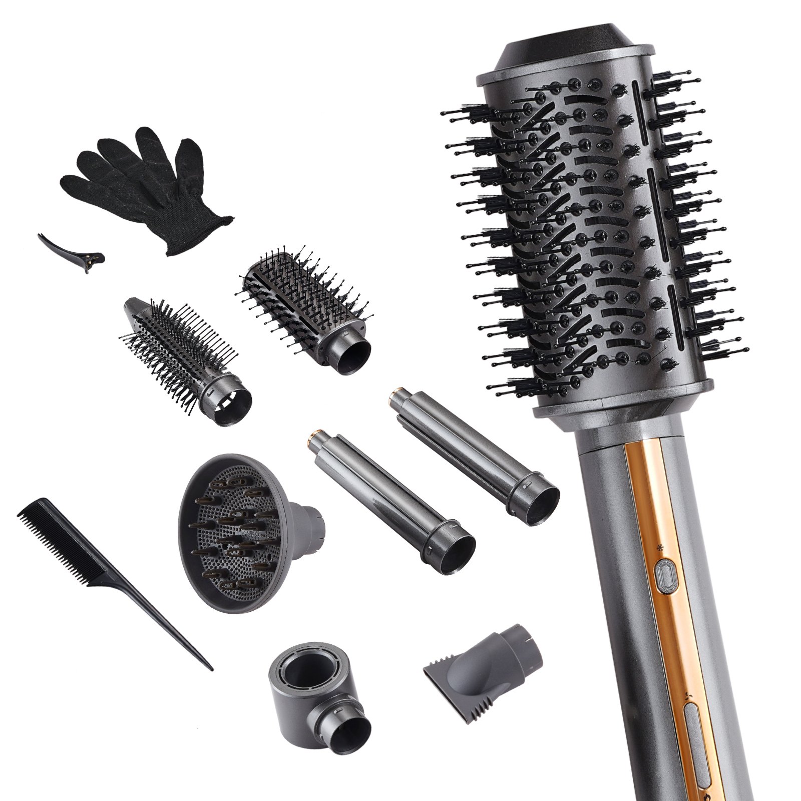 VEVOR Cepillo Secador y Moldeador de Cabello 7 en 1, 110 000 RPM con 2 Rizadores con Envoltura Automática, 3 Cepillos y 3 Boquillas, Secador de Cabello Iónico para Dar Volumen, 330 x 52 mm, Negro