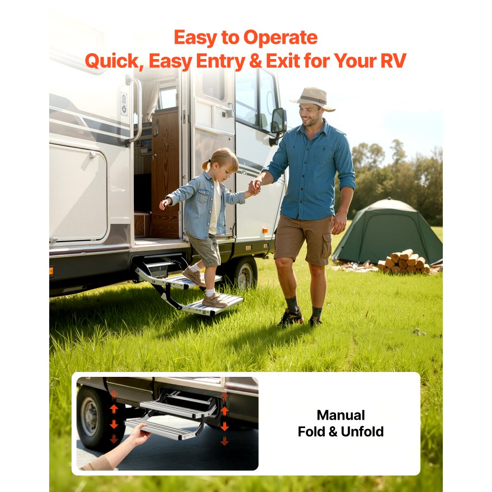 VEVOR Escalón para Autocaravana Manual de 2 Peldaños, Escalera Plegable Retráctil Carga de 199,58 kg, con Estructura de Acero y Escalones de Aleación de Aluminio, para Caravana, Remolque de Viaje