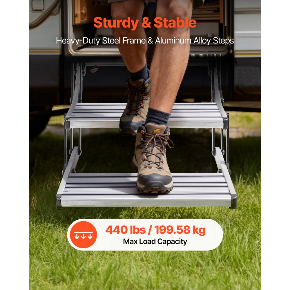 VEVOR Escalón para Autocaravana Manual de 2 Peldaños, Escalera Plegable Retráctil Carga de 199,58 kg, con Estructura de Acero y Escalones de Aleación de Aluminio, para Caravana, Remolque de Viaje