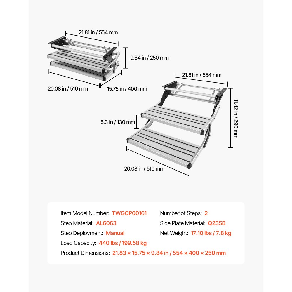 VEVOR Escalón para Autocaravana Manual de 2 Peldaños, Escalera Plegable Retráctil Carga de 199,58 kg, con Estructura de Acero y Escalones de Aleación de Aluminio, para Caravana, Remolque de Viaje