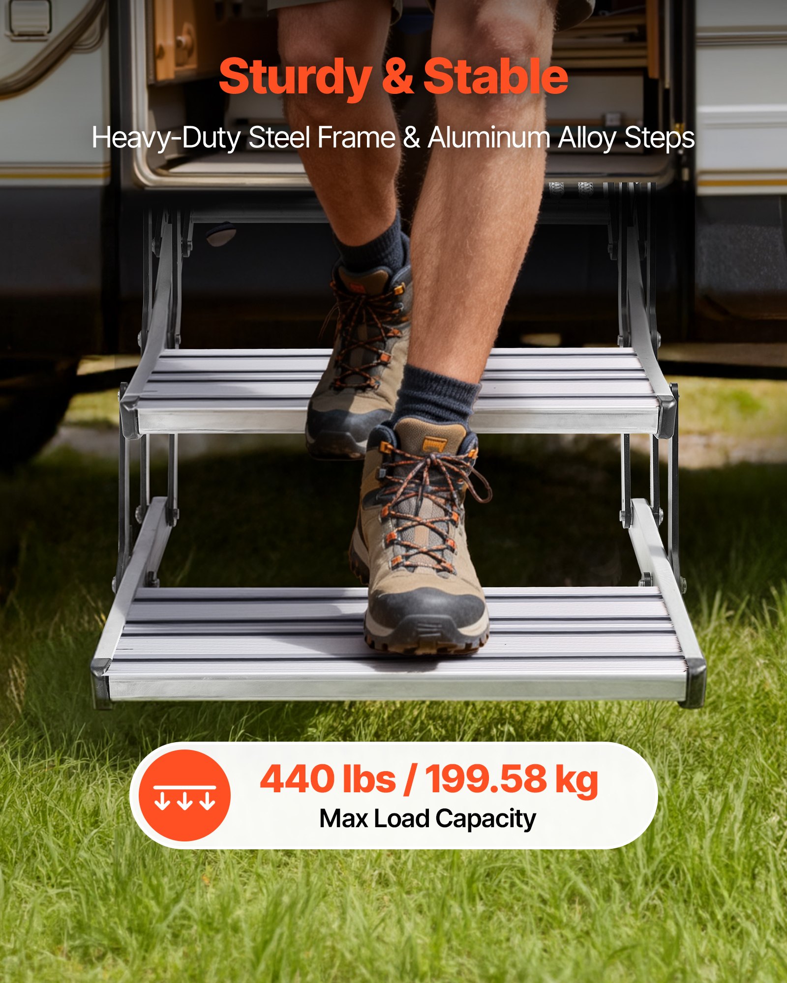 VEVOR Escalón para Autocaravana Manual de 2 Peldaños, Escalera Plegable Retráctil Carga de 199,58 kg, con Estructura de Acero y Escalones de Aleación de Aluminio, para Caravana, Remolque de Viaje