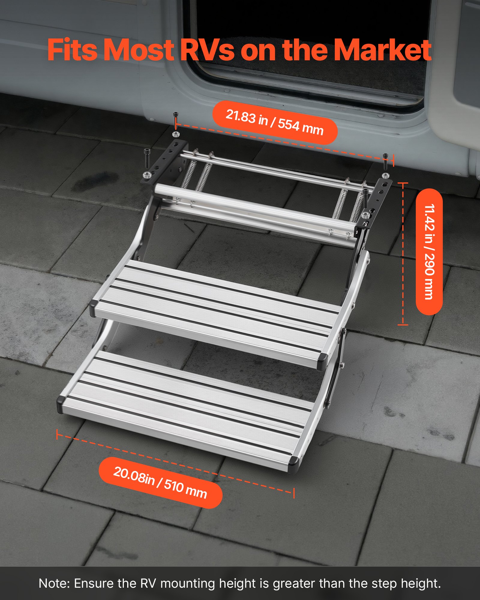 VEVOR Escalón para Autocaravana Manual de 2 Peldaños, Escalera Plegable Retráctil Carga de 199,58 kg, con Estructura de Acero y Escalones de Aleación de Aluminio, para Caravana, Remolque de Viaje