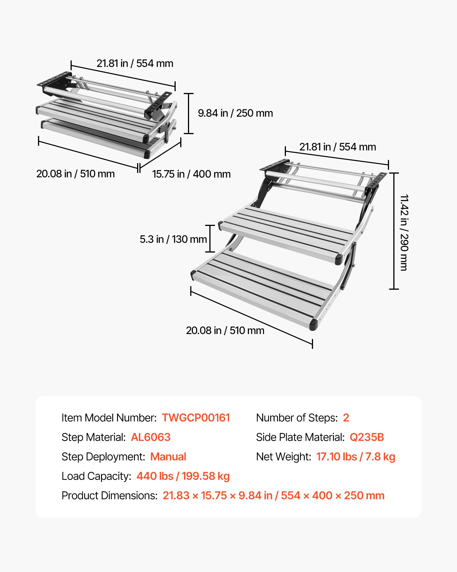 VEVOR Escalón para Autocaravana Manual de 2 Peldaños, Escalera Plegable Retráctil Carga de 199,58 kg, con Estructura de Acero y Escalones de Aleación de Aluminio, para Caravana, Remolque de Viaje