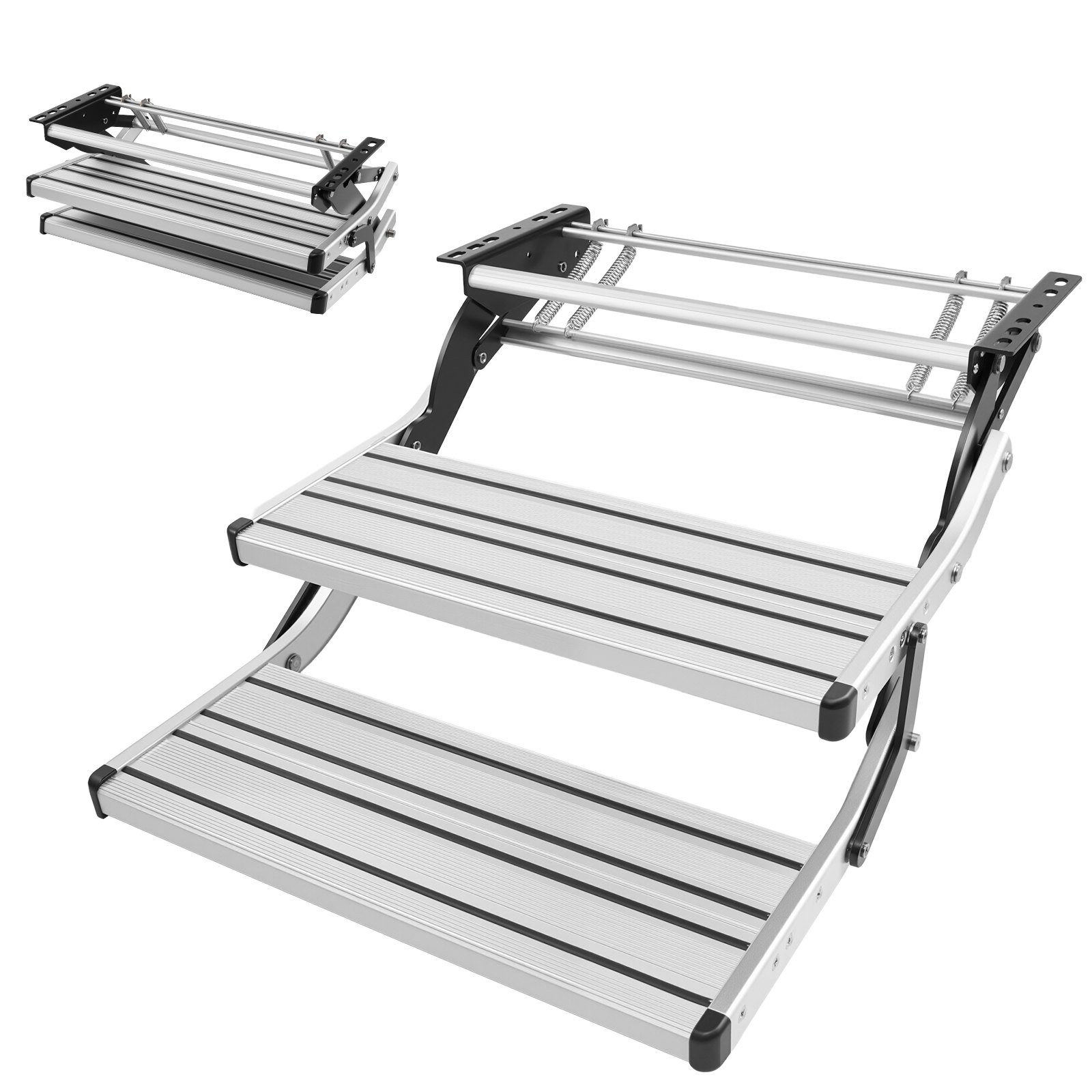 VEVOR Escalón para Autocaravana Manual de 2 Peldaños, Escalera Plegable Retráctil Carga de 199,58 kg, con Estructura de Acero y Escalones de Aleación de Aluminio, para Caravana, Remolque de Viaje