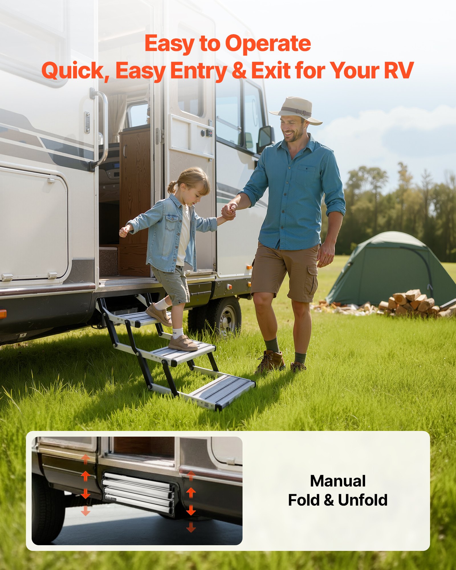 VEVOR Escalón para Autocaravana Manual de 3 Peldaños, Escalera Plegable Retráctil Carga de 199,58 kg, con Estructura de Acero y Escalones de Aleación de Aluminio, para Caravana, Remolque de Viaje