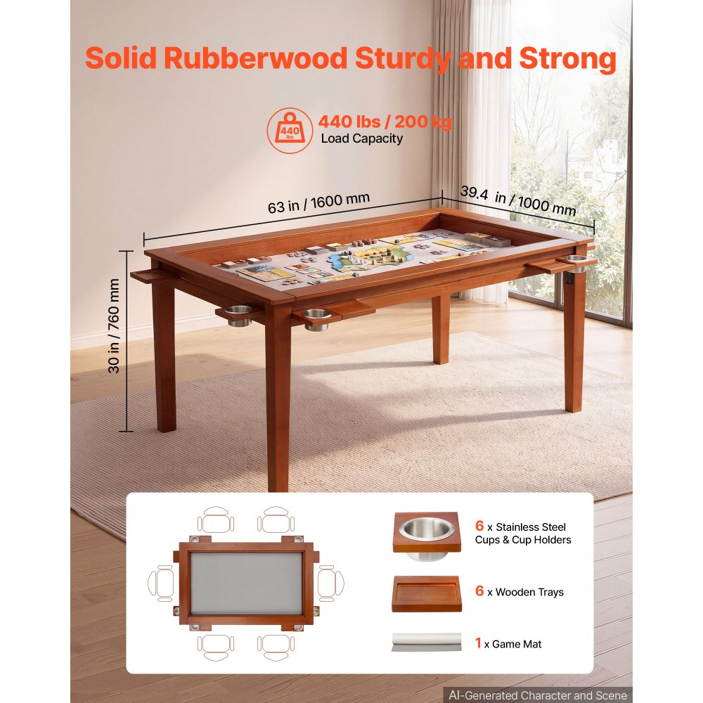 VEVOR Mesa de Juegos de Mesa de 1,6 x 1 x 0,76 m, 2 en 1 para 6 Jugadores, con Tablero Extraíble, Tapete de Juego de Cuero, 6 Portavasos, Bandejas Deslizantes, Soporte de 200 kg para Juegos y Comedor