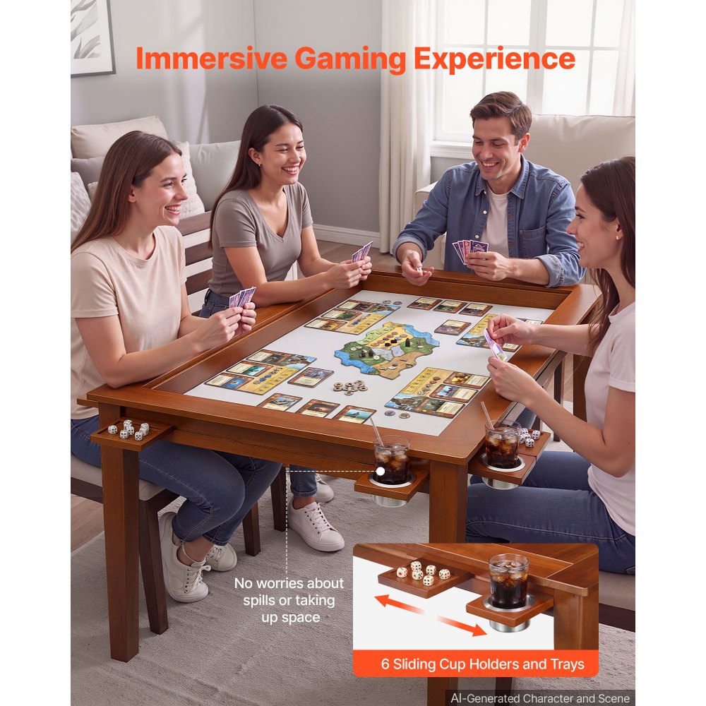 VEVOR Mesa de Juegos de Mesa de 1,6 x 1 x 0,76 m, 2 en 1 para 6 Jugadores, con Tablero Extraíble, Tapete de Juego de Cuero, 6 Portavasos, Bandejas Deslizantes, Soporte de 200 kg para Juegos y Comedor