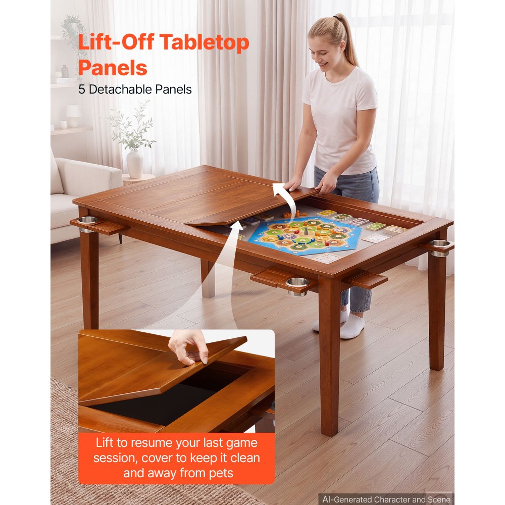 VEVOR Mesa de Juegos de Mesa de 1,6 x 1 x 0,76 m, 2 en 1 para 6 Jugadores, con Tablero Extraíble, Tapete de Juego de Cuero, 6 Portavasos, Bandejas Deslizantes, Soporte de 200 kg para Juegos y Comedor