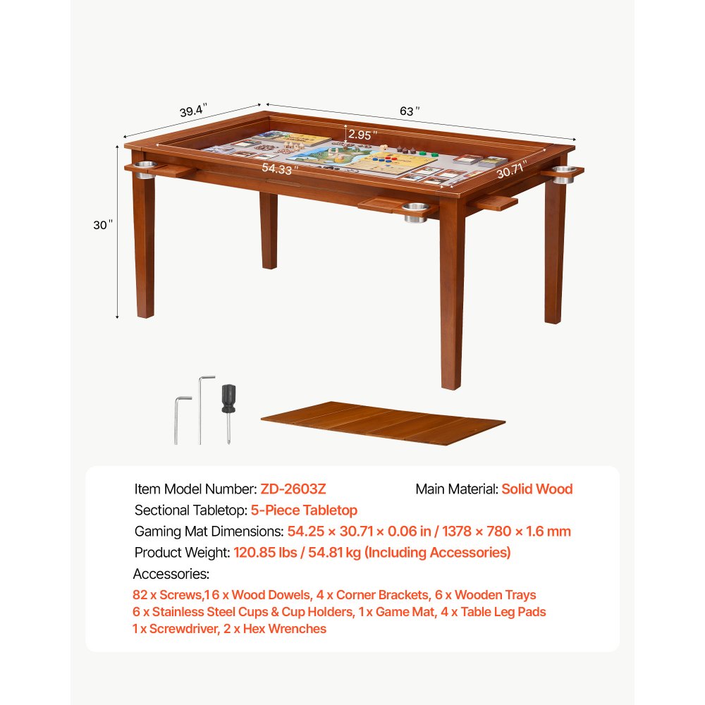 VEVOR Mesa de Juegos de Mesa de 1,6 x 1 x 0,76 m, 2 en 1 para 6 Jugadores, con Tablero Extraíble, Tapete de Juego de Cuero, 6 Portavasos, Bandejas Deslizantes, Soporte de 200 kg para Juegos y Comedor