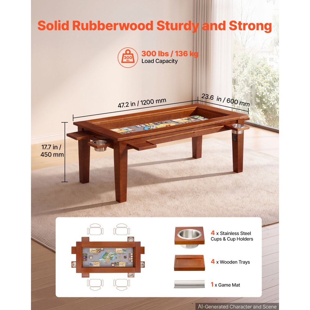 VEVOR Mesa de Juegos de Mesa 1,2 x 0,6 x 0,45 m, 2 en 1 para 4 Jugadores con Tablero Extraíble, Tapete de Juego de Cuero, 4 Portavasos, Bandejas Deslizantes y Soporte de 136 kg para Juegos y Comedor