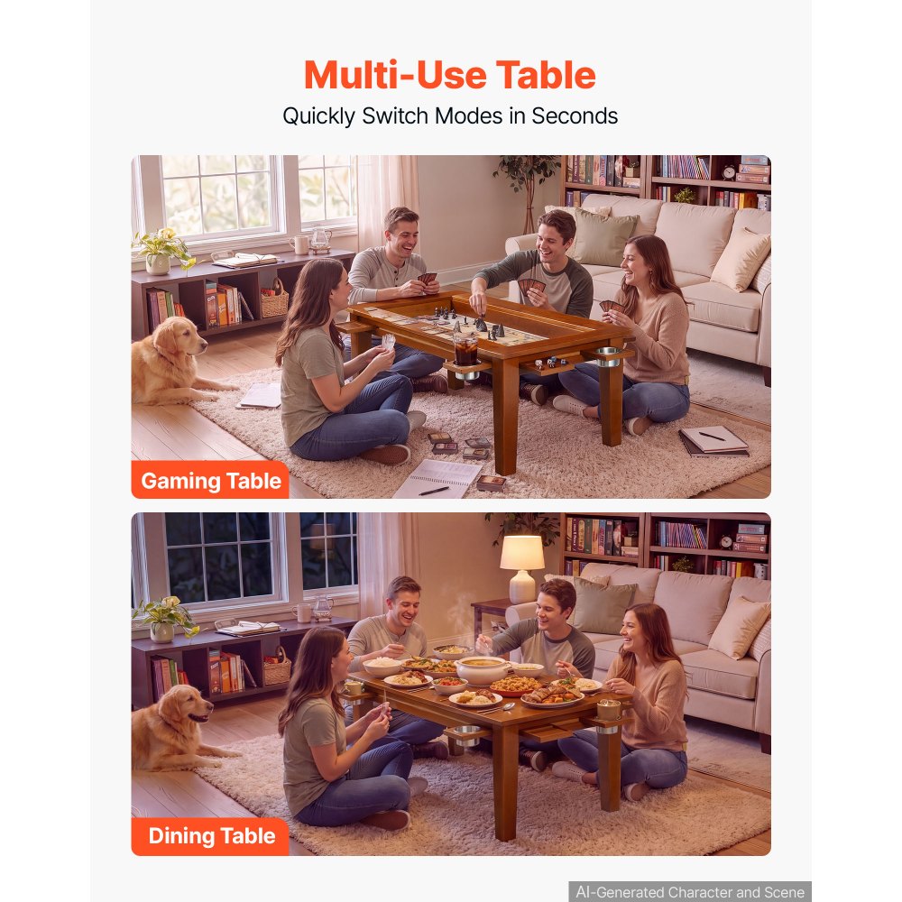 VEVOR Mesa de Juegos de Mesa 1,2 x 0,6 x 0,45 m, 2 en 1 para 4 Jugadores con Tablero Extraíble, Tapete de Juego de Cuero, 4 Portavasos, Bandejas Deslizantes y Soporte de 136 kg para Juegos y Comedor