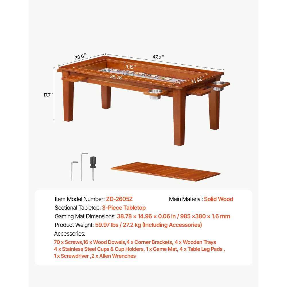 VEVOR Mesa de Juegos de Mesa 1,2 x 0,6 x 0,45 m, 2 en 1 para 4 Jugadores con Tablero Extraíble, Tapete de Juego de Cuero, 4 Portavasos, Bandejas Deslizantes y Soporte de 136 kg para Juegos y Comedor