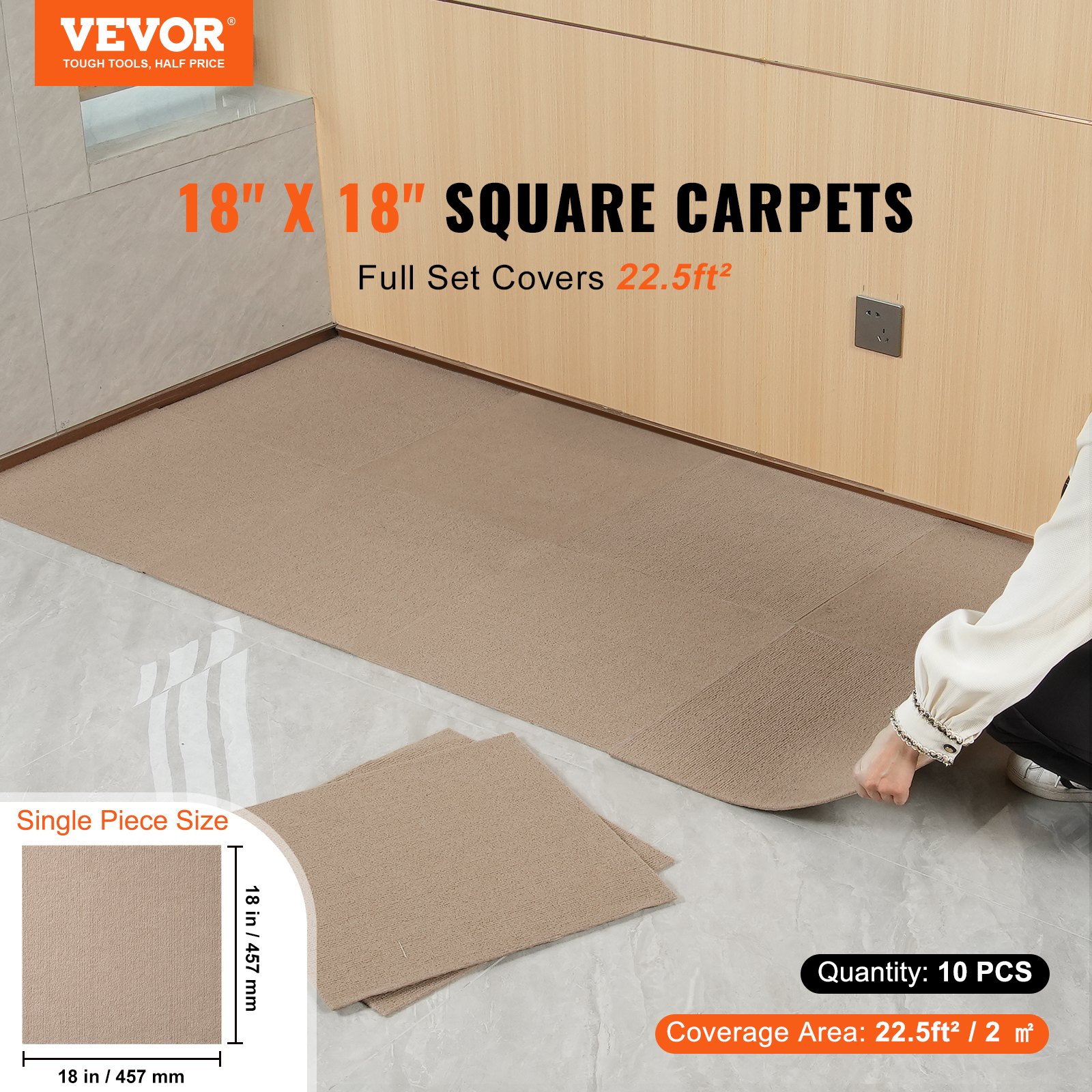 VEVOR Peel and Stick Carpet Tiles, 457x457mm, Self-Adhesive Carpet Floor Tiles, Soft Cushioned Carpet Tiles, DIY Installation for Bedroom, Living Room (10 pcs, Light Brown)