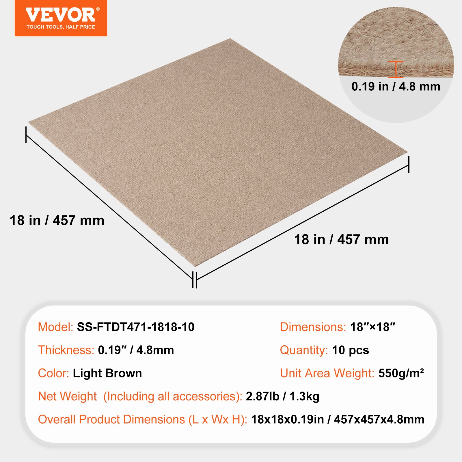 VEVOR Peel and Stick Carpet Tiles, 457x457mm, Self-Adhesive Carpet Floor Tiles, Soft Cushioned Carpet Tiles, DIY Installation for Bedroom, Living Room (10 pcs, Light Brown)