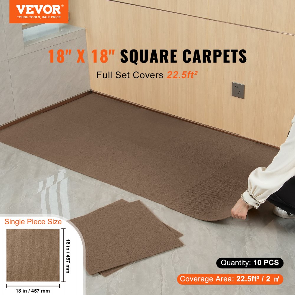 VEVOR Peel and Stick Carpet Tiles, 457x457mm, Self-Adhesive Carpet Floor Tiles, Soft Cushioned Carpet Tiles, DIY Installation for Bedroom, Living Room (10 pcs, Dark Brown)