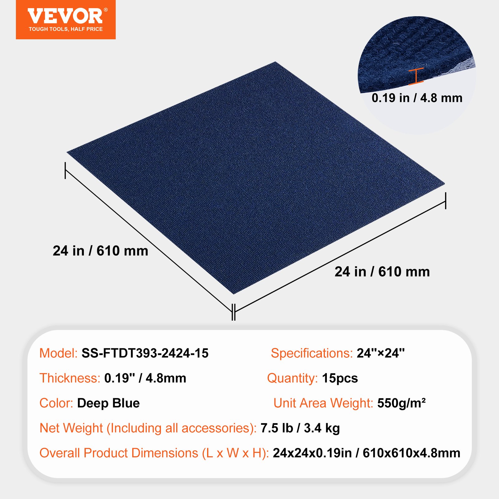 VEVOR Peel and Stick Carpet Tiles, 61 x 61 cm, Self-Adhesive Carpet Floor Tiles, Soft Cushioned Carpet Tiles, DIY Installation for Bedroom, Living Room, (15 pcs, dark blue)