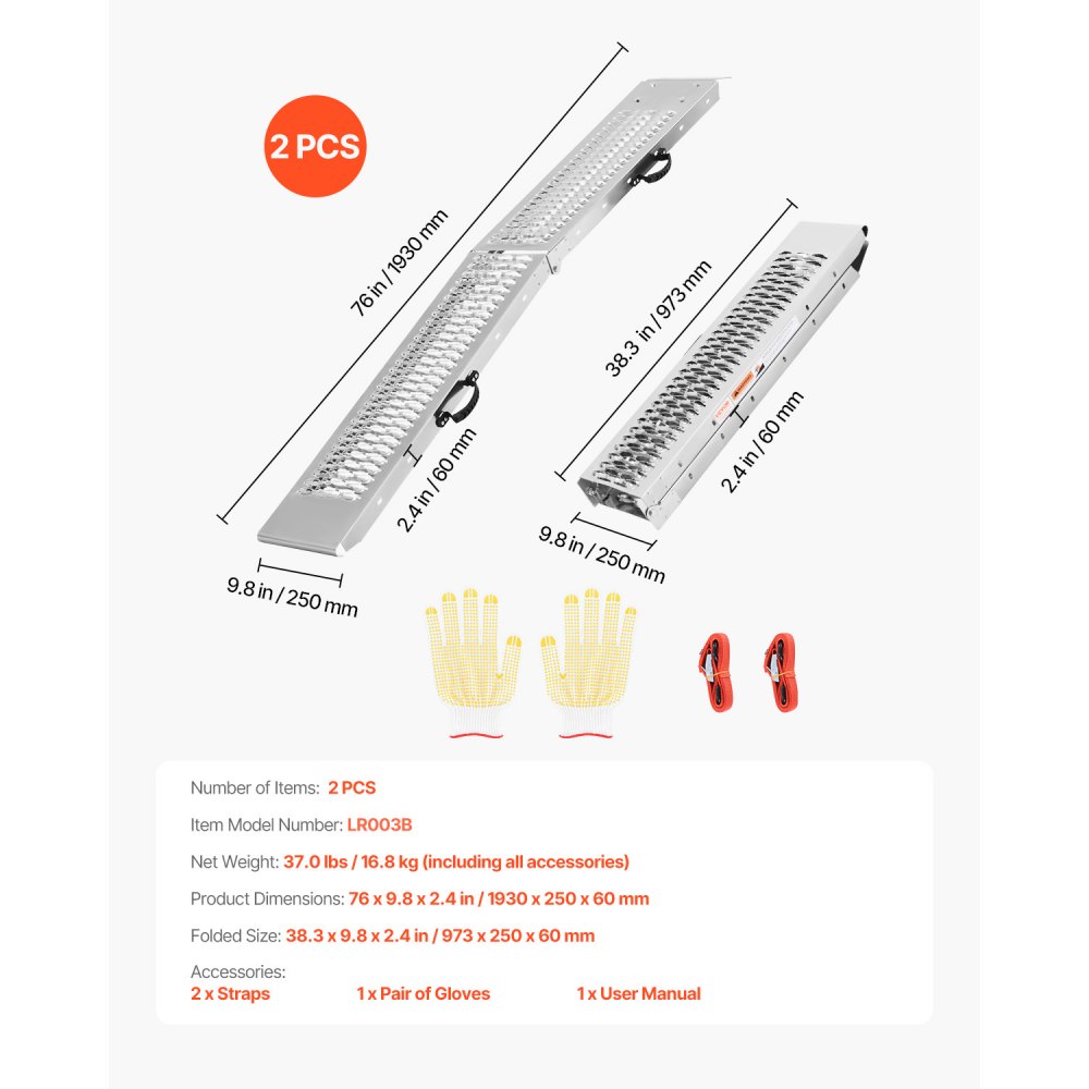 VEVOR Rampas de Acero Carga 453 kg 2 Piezas Rampas Resistentes Plegables 1930 x 250 x 60 mm Rampa de Carga Estable Universal con Asas, Aptas para ATV, UTV, Motocicletas, Bicicletas Eléctricas