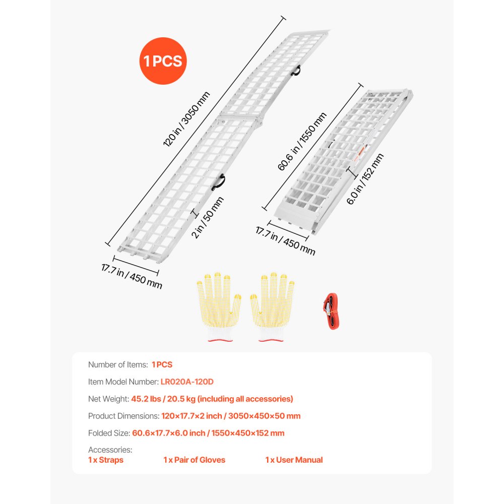 VEVOR Rampas de Aluminio 1 ud Rampas Resistentes Carga de 454 kg Rampa de Carga Estable Universal con Asas, Aptas para ATV, UTV, Motocicletas, Bicicletas Eléctricas, 3050 x 450 x 50 mm, Blanco