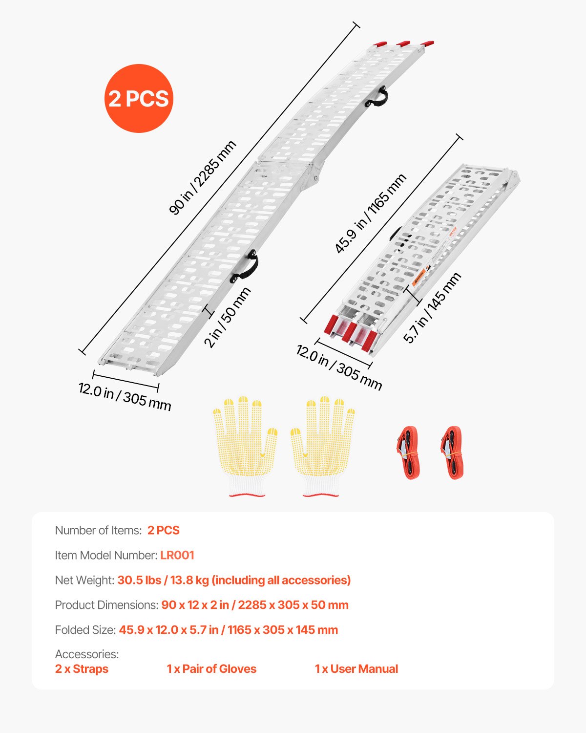 VEVOR Rampas de Aluminio Carga de 680 kg, 2 Piezas Rampas Resistentes, 2285 x 305 x 50 mm, Rampa de Carga Estable Universal con Asas, Aptas para ATV, UTV, Motocicletas, Bicicletas Eléctricas