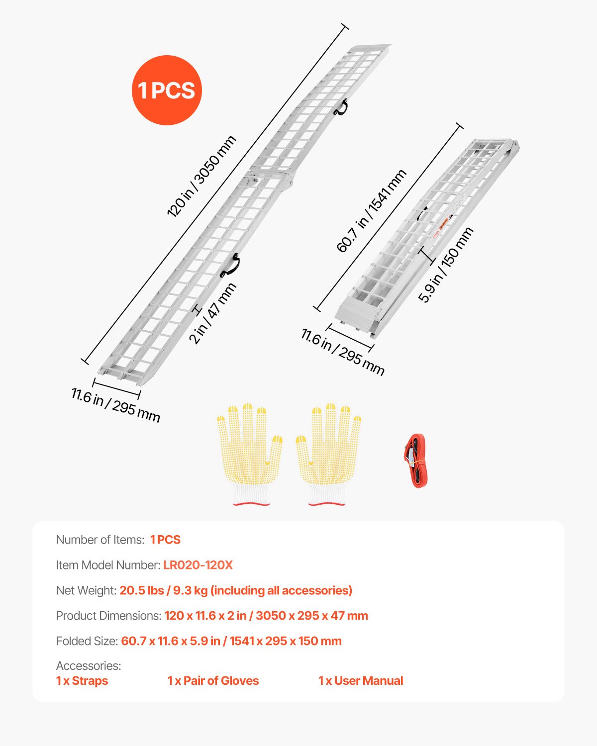 VEVOR Rampas de Aluminio 1 Pieza Rampas Resistentes Carga 272 kg Rampa de Carga Estable Universal con Asas, Aptas para ATV, UTV, Motocicletas, Bicicletas Eléctricas, 3050 x 295 x 47 mm, Blanco