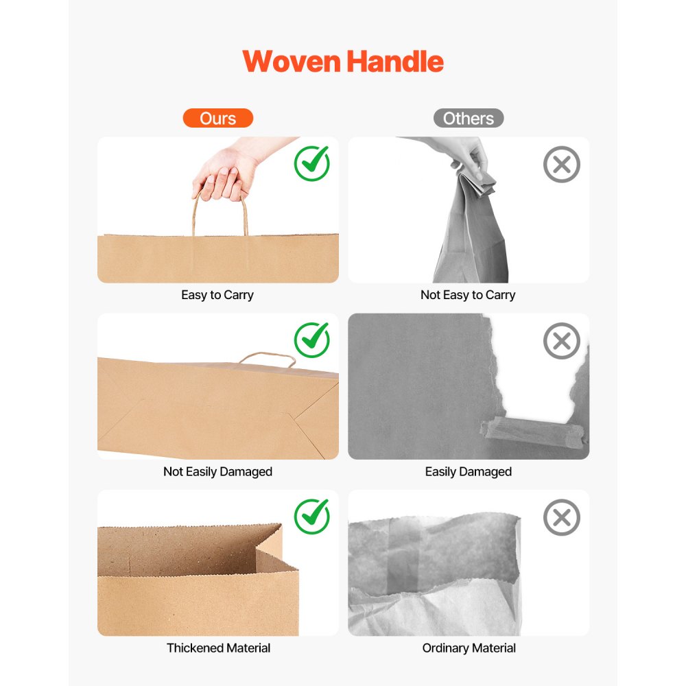 VEVOR Kraft Paper Bags, Pack of 100, Gift Bags with Handles, 406x152x308 mm, Large Reusable Paper Carrier Bags, Shopping Bags, for Birthdays, Weddings, Shopping, Gifts, Brown