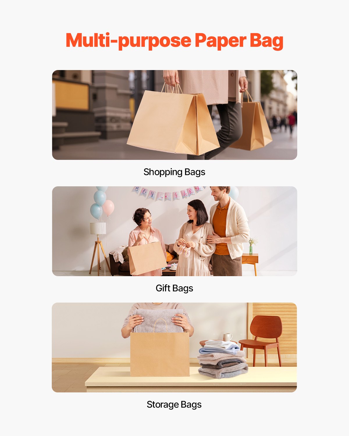 VEVOR Kraft Paper Bags, Pack of 100, Gift Bags with Handles, 406x152x308 mm, Large Reusable Paper Carrier Bags, Shopping Bags, for Birthdays, Weddings, Shopping, Gifts, Brown