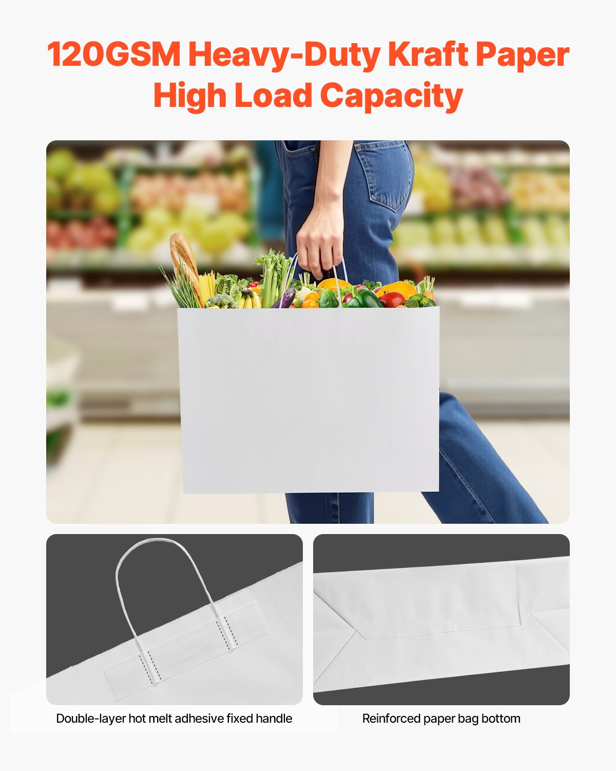 VEVOR Kraft Paper Bags, Pack of 50, Gift Bags with Handles, 406x152x308 mm, Large Shopping Bags, Paper Carrier Bags, Kraft Bags, for Birthdays, Weddings, Shopping, Gifts, White