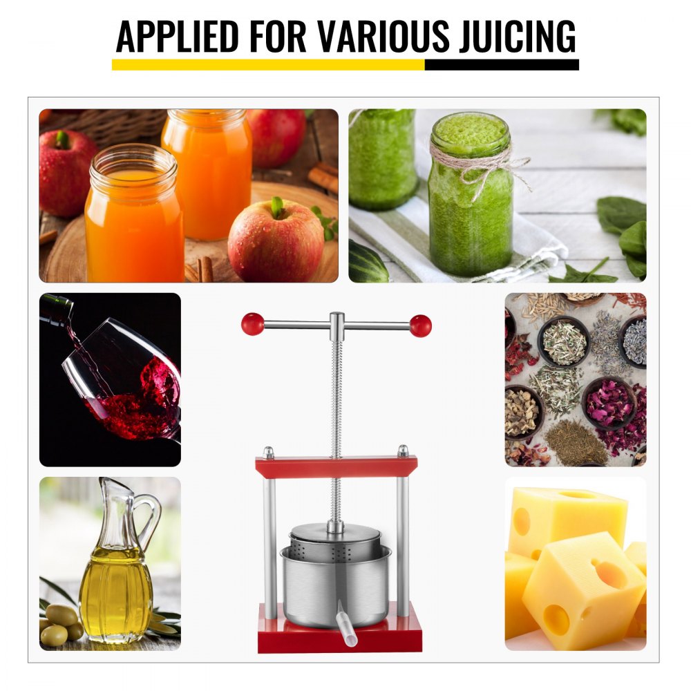 VEVOR Prensa para Vino o Fruta 3,5 L Exprimidor de Naranjas Prensa de Fruta y Vino de Acero Inoxidable 26 x 21 x 36,5 cm Prensa de Vino Uvas Prensa