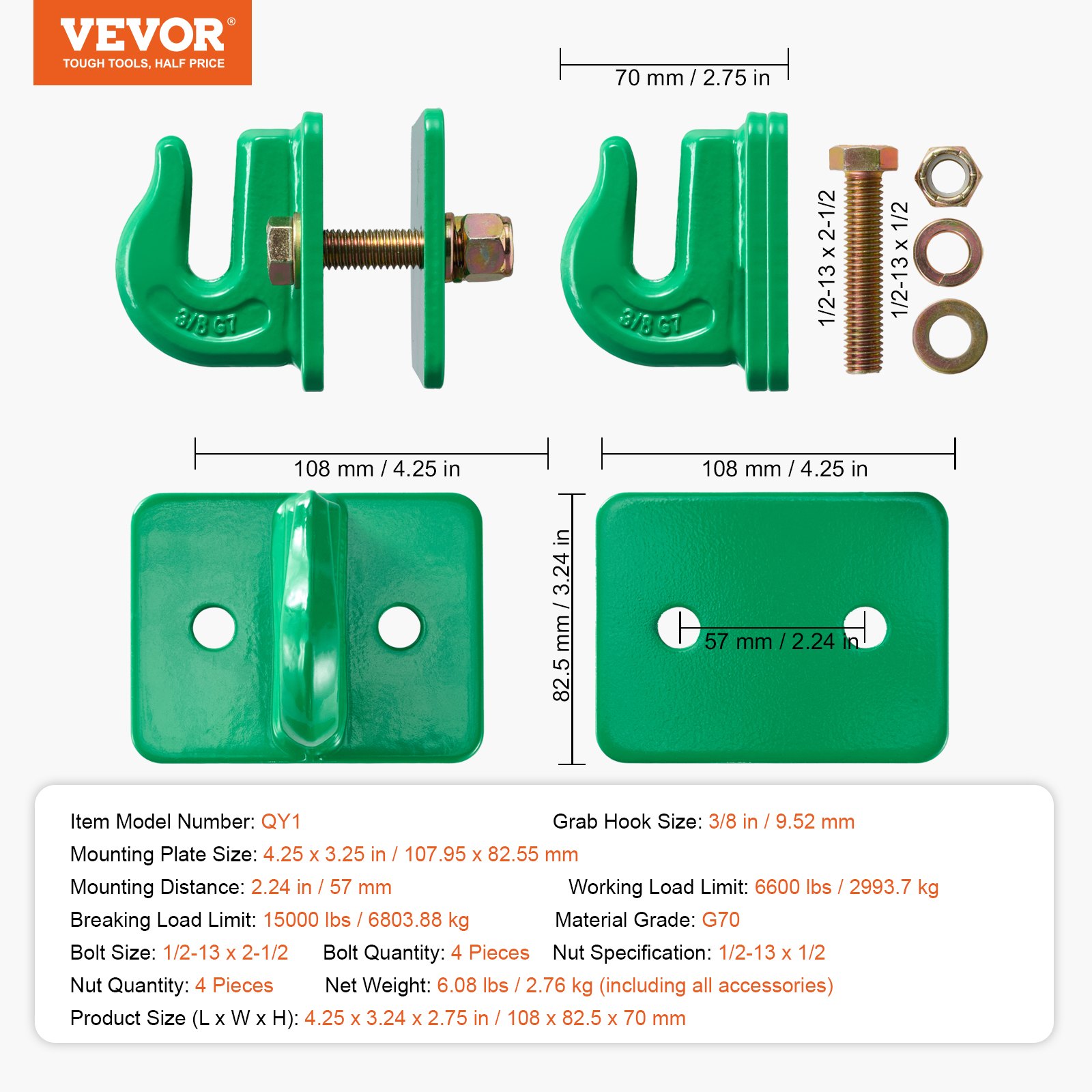 VEVOR 2 PCS Ganchos para Balde de Tractor de 9,52 mm de Acero Forjado de Grado G70 con Placa de Respaldo Resistencia Máxima a la Rotura de 6803,88 kg Compatible con Balde de Tractor, RV, Camión, Verde