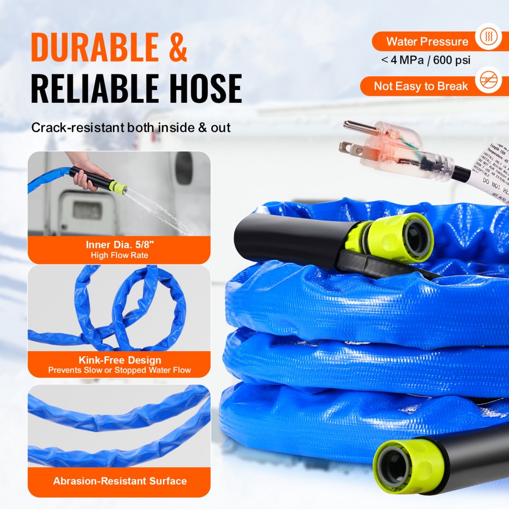 VEVOR 15 Foot Heated Water Hose for RVs, Heated Drinking Water Hose with Corrugated Cover, Frost Protection down to -45°F, Automatically Self-Regulating, 5/8 Inch Inner Diameter