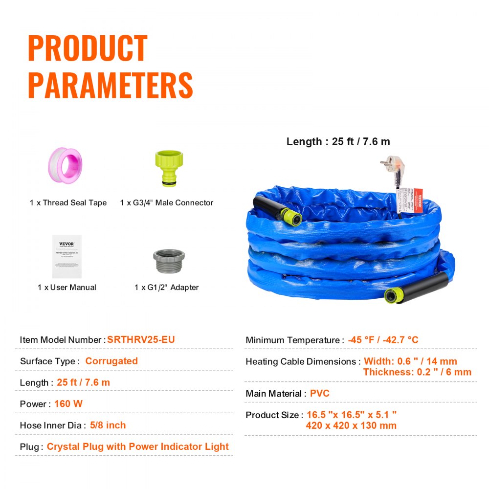 VEVOR 25 Foot Heated Water Hose for RVs, Heated Drinking Water Hose with Corrugated Cover, Frost Protection down to -45°F, Automatically Self-Regulating, 5/8 Inch Inner Diameter