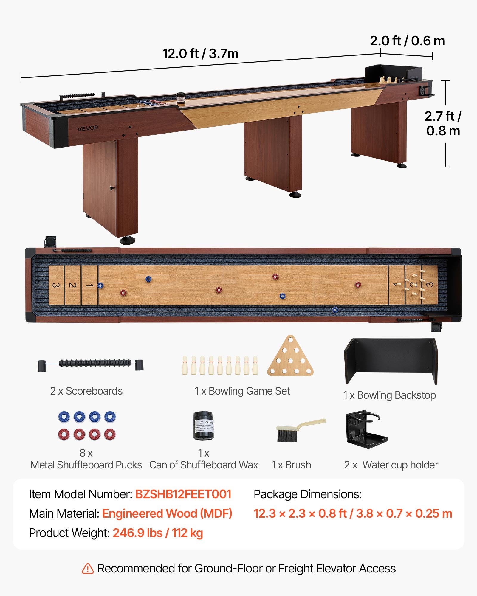 VEVOR Mesa de Tejo 3,7 x 0,6 x 0,8 m Juego Combinado 2 en 1 de Tejo y Bolos, Superficie Resistente a los Arañazos, Tablero de Madera de Ingeniería, Con 8 Discos y Juego de Bolos, Para Familia, Fiesta