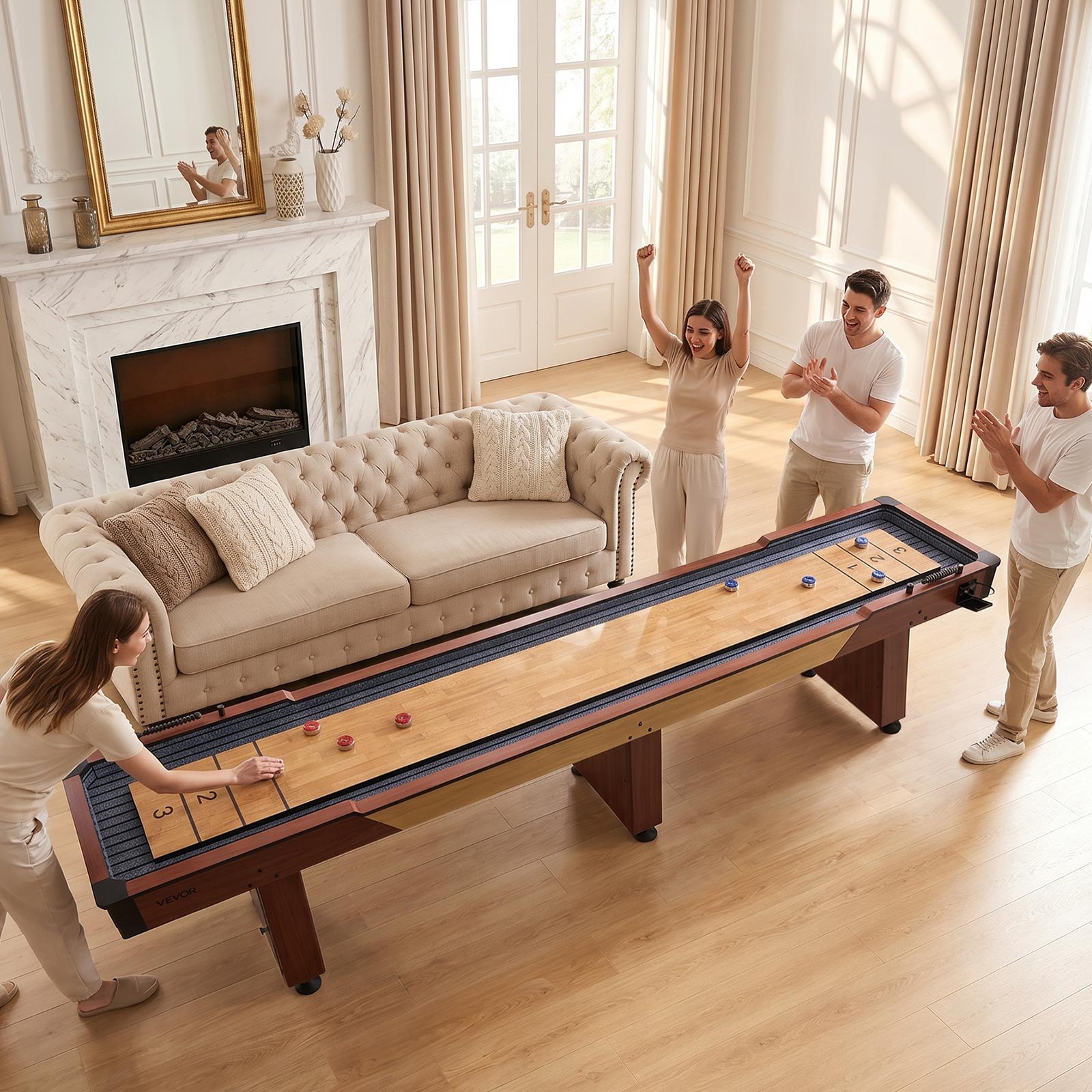 VEVOR Mesa de Tejo 3,7 x 0,6 x 0,8 m Juego Combinado 2 en 1 de Tejo y Bolos, Superficie Resistente a los Arañazos, Tablero de Madera de Ingeniería, Con 8 Discos y Juego de Bolos, Para Familia, Fiesta