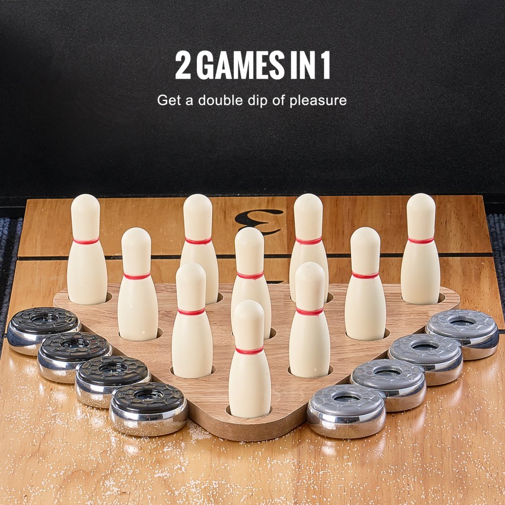 VEVOR Mesa de Tejo para Salas de Juegos Familiares, Juego Combinado de Tejo y Bolos 2 en 1, con Tablero Resistente a Arañazos, Patas en Forma X, 8 Discos, para Mesa, 3485 x 605 x 815 mm, Marrón