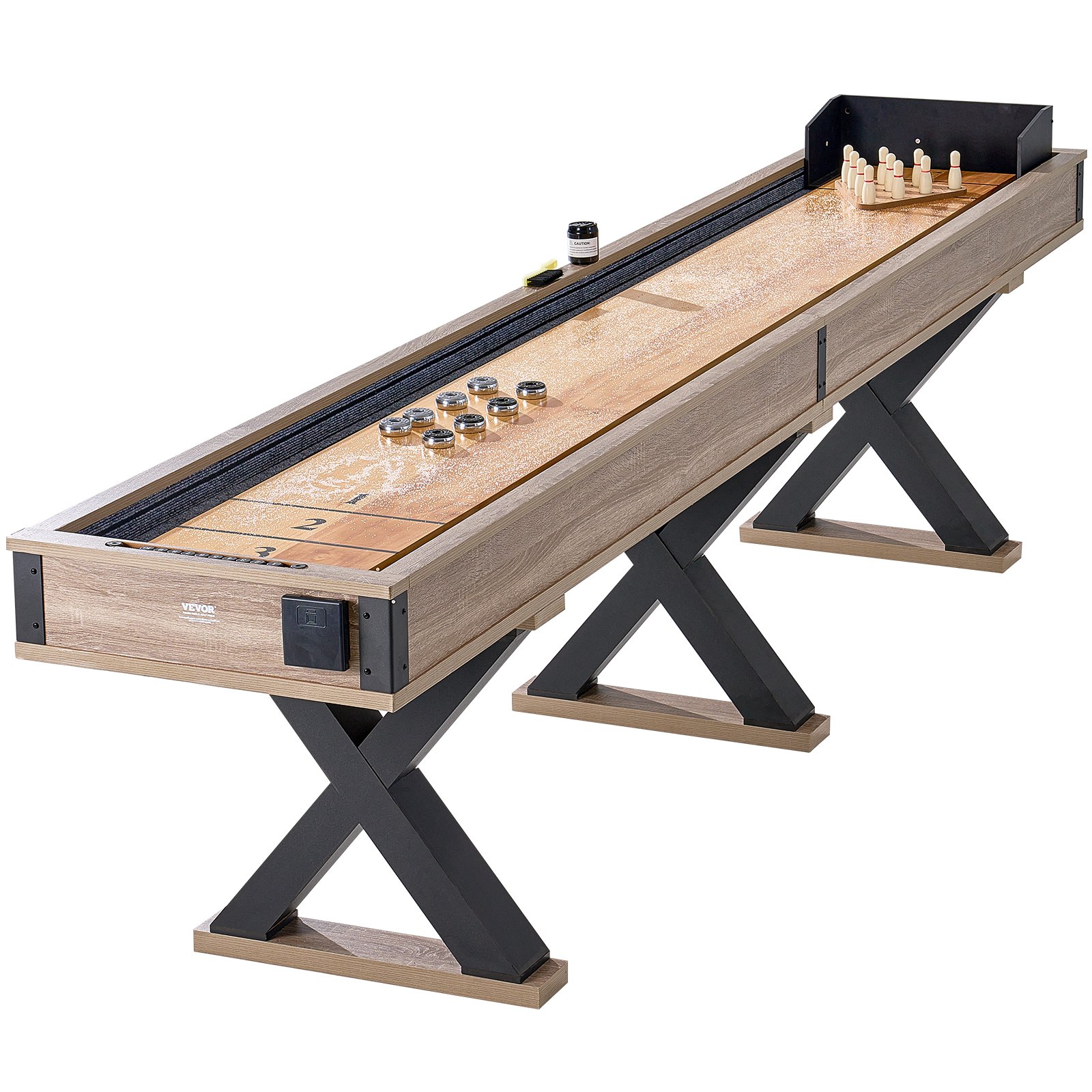 VEVOR Mesa de Tejo para Salas de Juegos Familiares, Juego Combinado de Tejo y Bolos 2 en 1, con Tablero Resistente a Arañazos, Patas en Forma X, 8 Discos, para Mesa, 3485 x 605 x 815 mm, Marrón