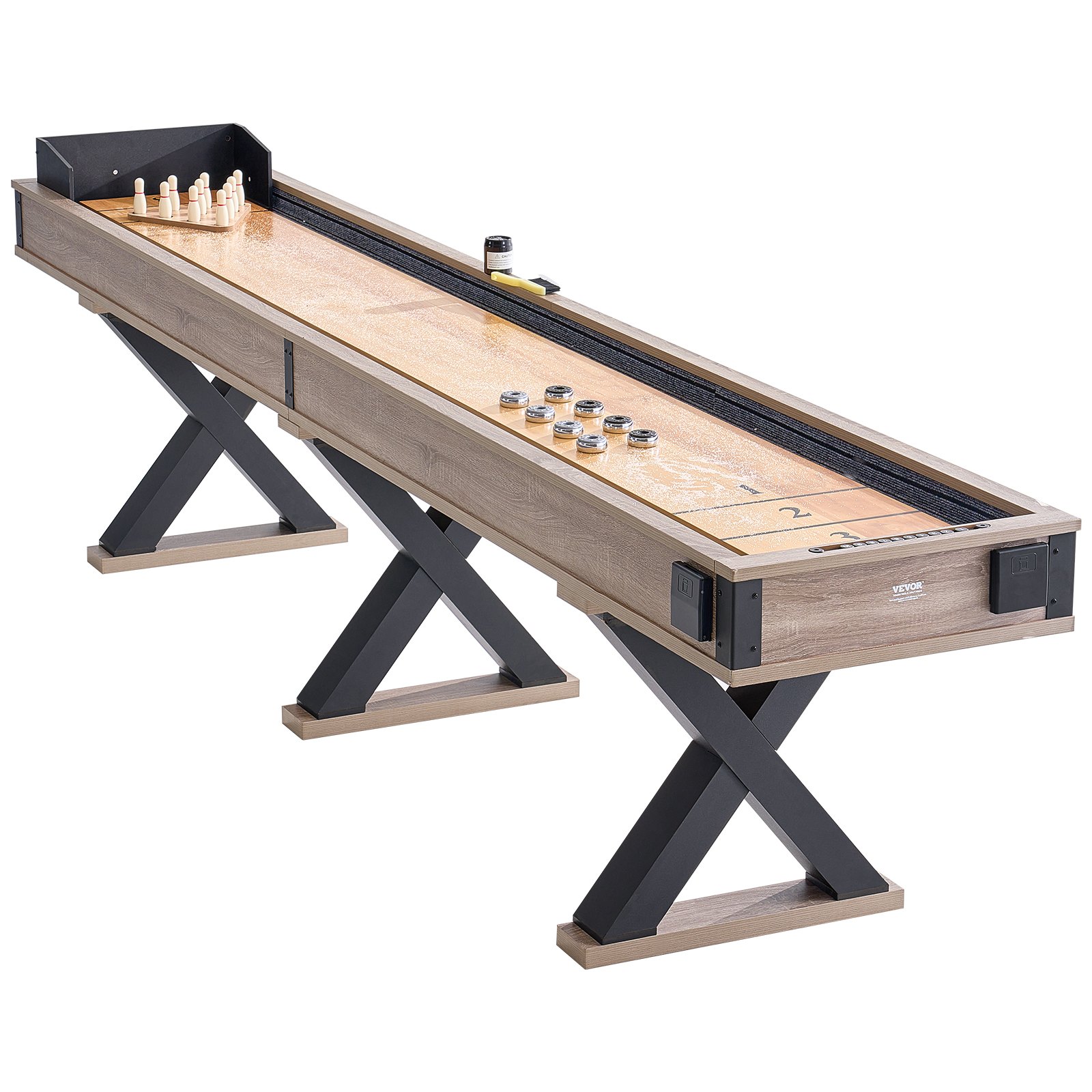 VEVOR Mesa de Tejo para Salas de Juegos Familiares, Juego Combinado de Tejo y Bolos 2 en 1, con Tablero Resistente a Arañazos, Patas en Forma X, 8 Discos, para Mesa, 3485 x 605 x 815 mm, Marrón