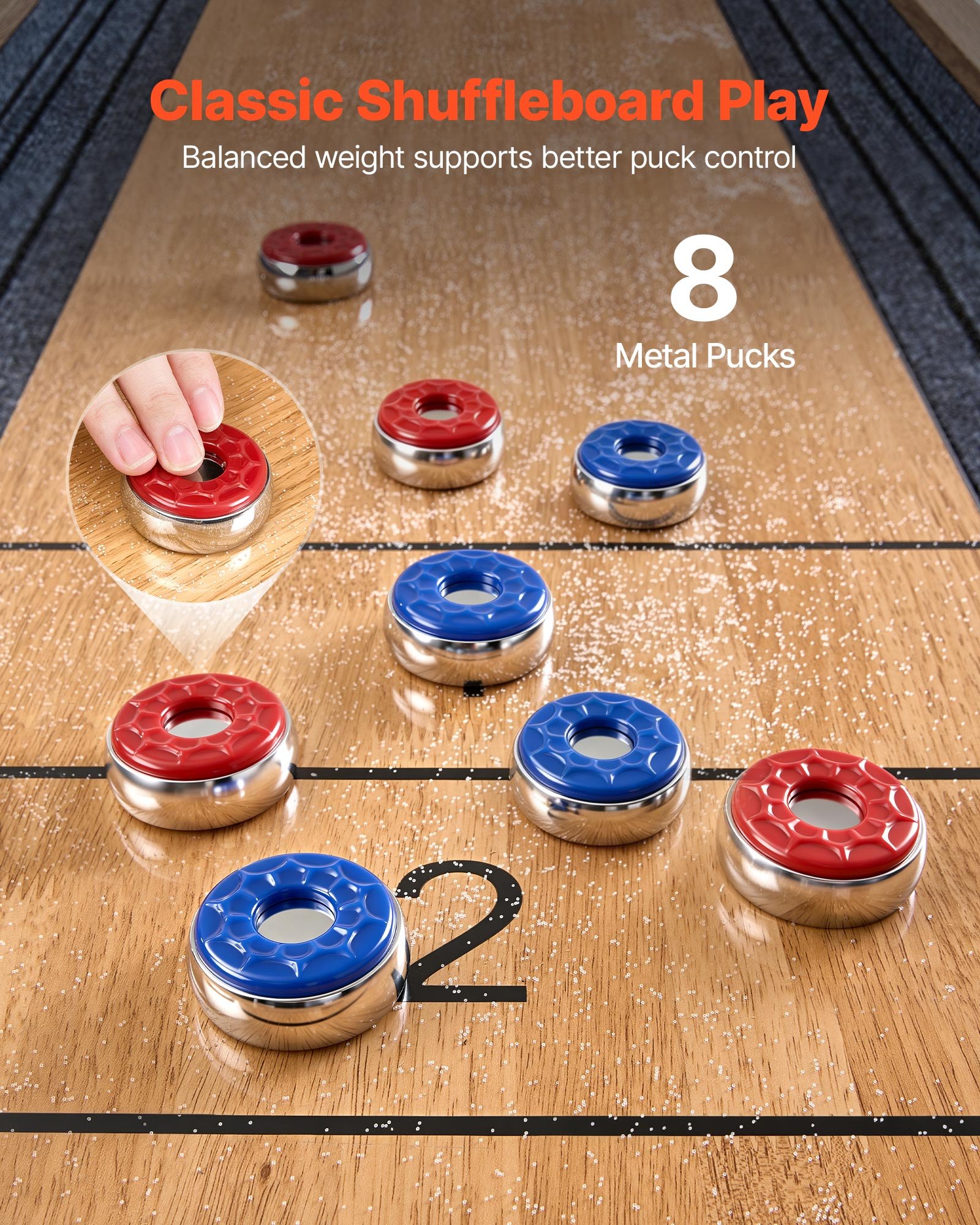 VEVOR Mesa de Tejo 2,7x0,6x0,8 m con 8 Discos Juego de Mesa para Adultos, Superficie Resistente a los Arañazos, Patas con Niveladores, Tablero de Madera de Ingeniería, Para Familia, Fiesta, Amigos