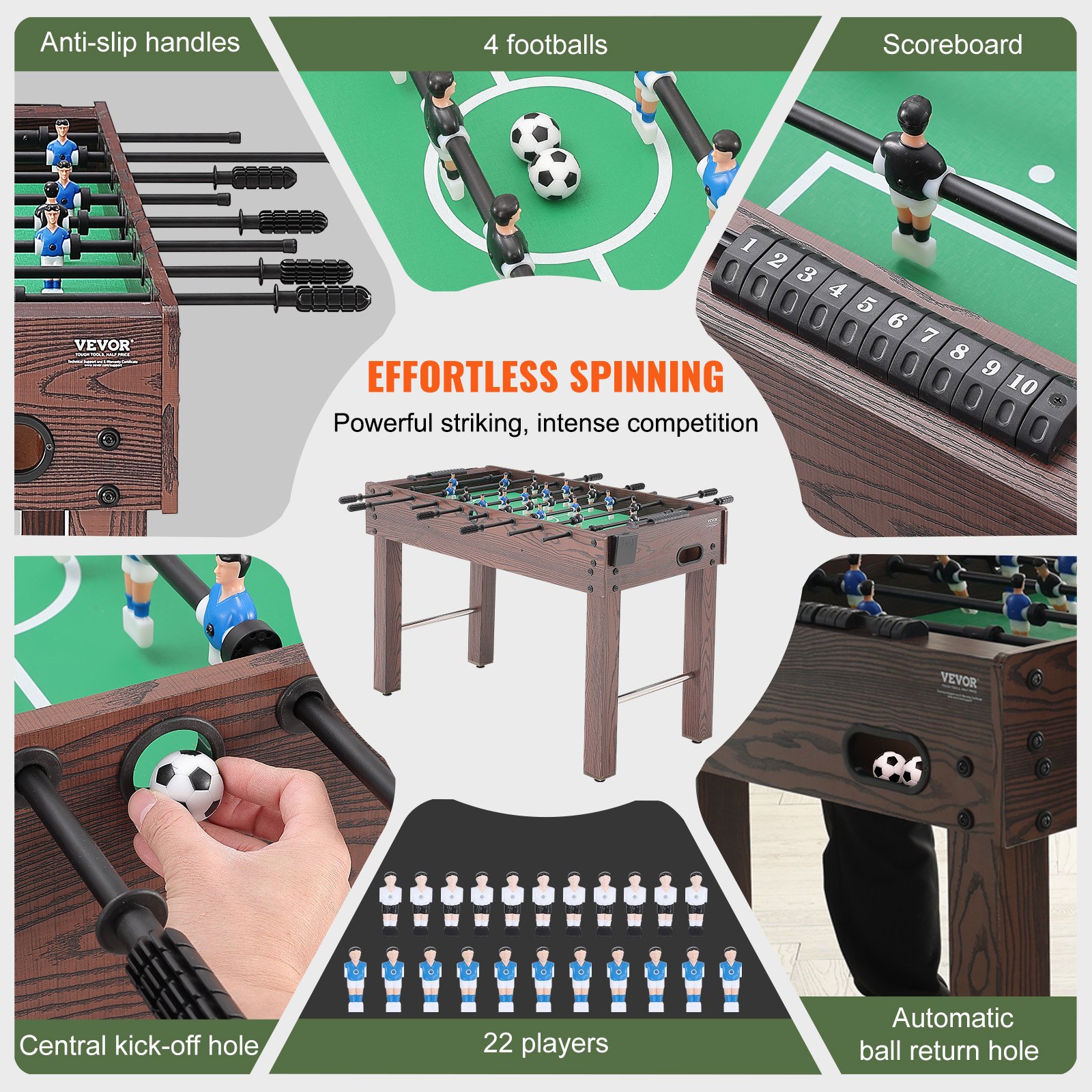 VEVOR Mesa de futbolín de tamaño estándar 1212x610x838 mm mesa de futbolín de tamaño completo para interior para hogar, familia y sala de juegos, incluye 2 pelotas y 2 portavasos