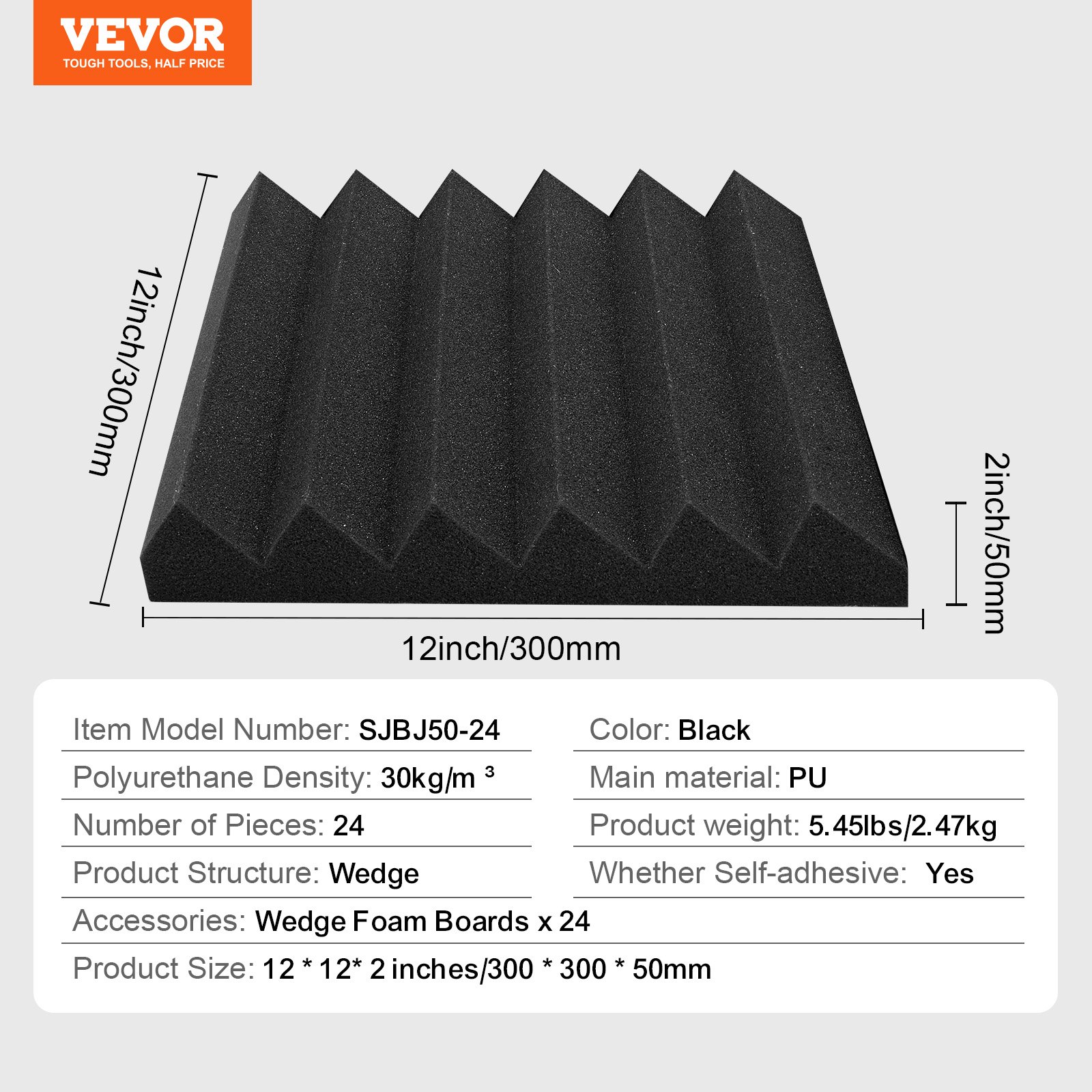 VEVOR Paneles de Espuma Acústica 300 x 300 x 50 mm, Paneles de Pared Insonorizados Adhesivos de Alta Densidad, Paneles Absorbentes de Sonido a Paredes y Techos Estudios, 24 uds