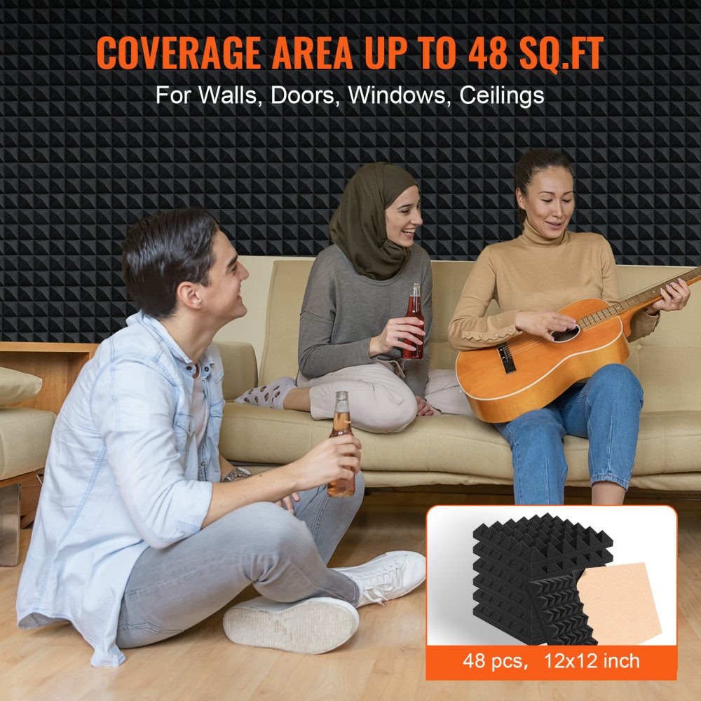 VEVOR Paneles de Espuma Acústica, 30,5 x 30,5 x 5 cm, Paneles de Pared Insonorizados Adhesivos con Forma de Pirámide, Paneles Absorbentes de Sonido para Paredes y Techos, 48 uds