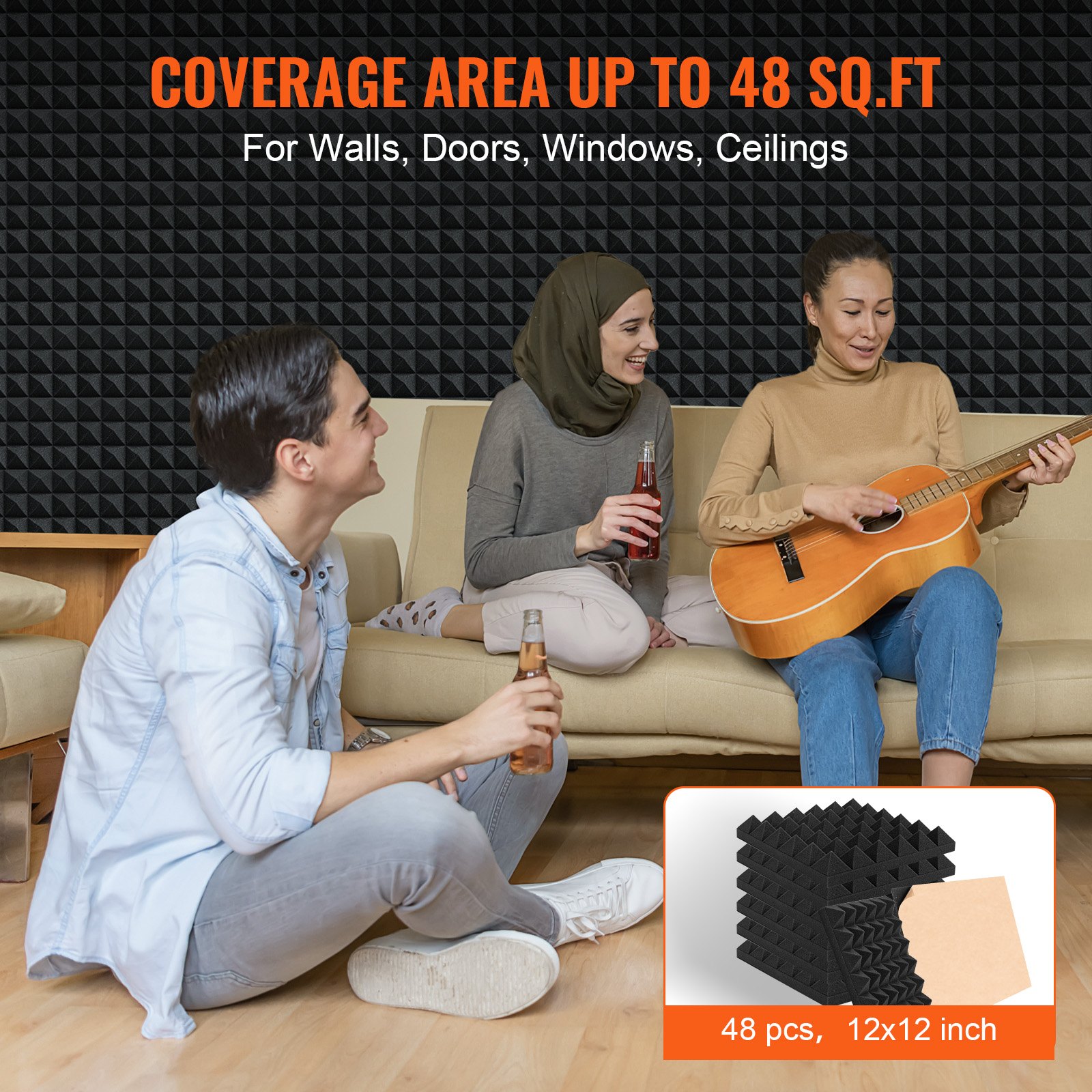 VEVOR Paneles de Espuma Acústica, 30,5 x 30,5 x 5 cm, Paneles de Pared Insonorizados Adhesivos con Forma de Pirámide, Paneles Absorbentes de Sonido para Paredes y Techos, 48 uds