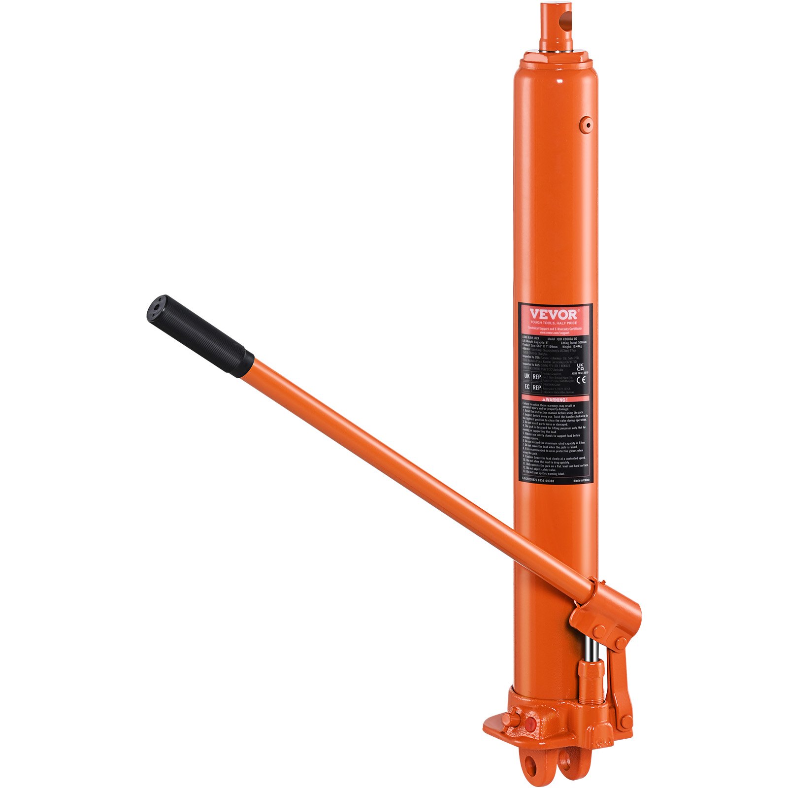 VEVOR Hydraulic Long Ram Jack, 8 t Engine Lifting Cylinder with Single Piston Pump & Flat Base, Hydraulic Car Bottle Jack for Engine Lifts, Garage/Shop Cranes, Farm etc.
