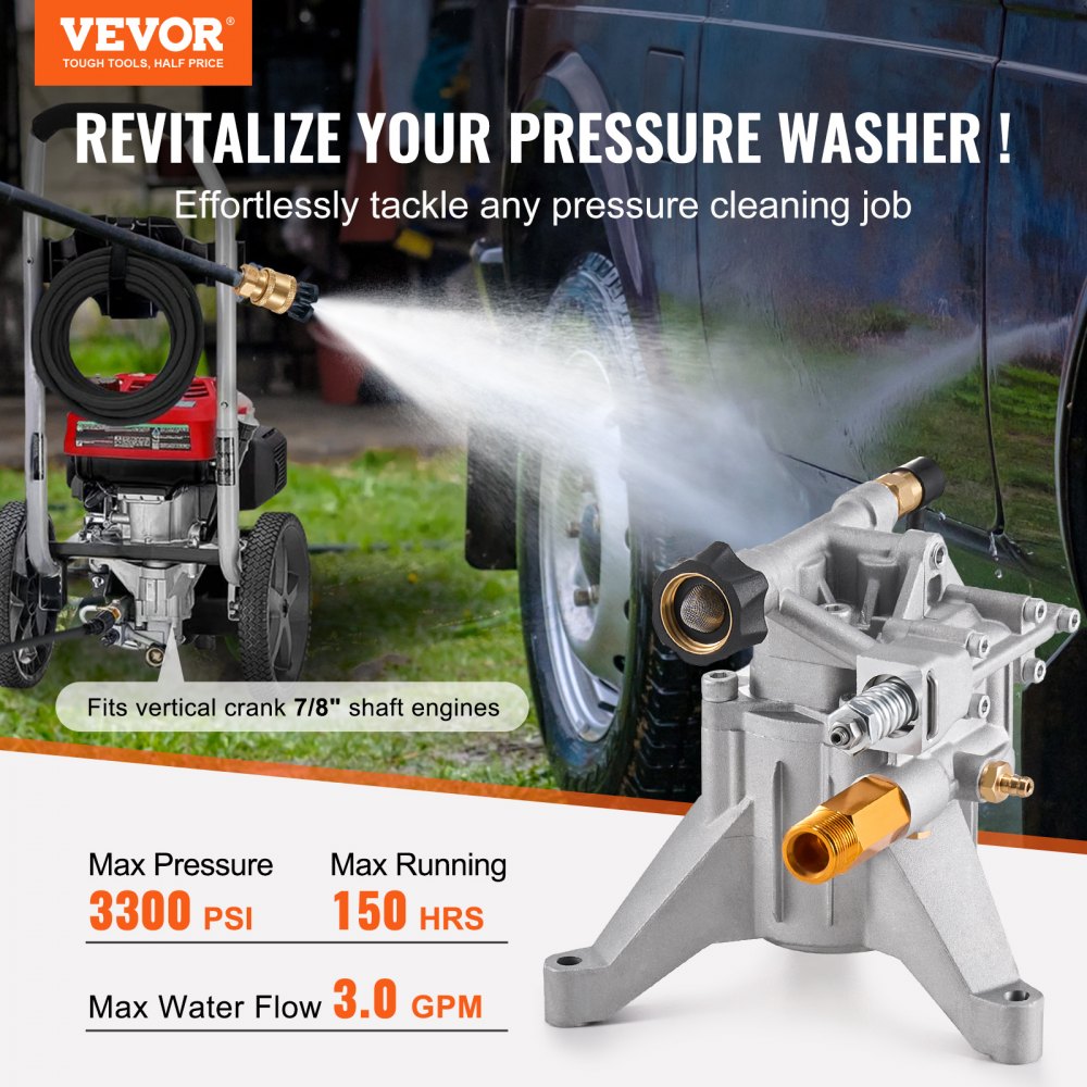 VEVOR High Pressure Washer Pump, 7/8 Inch Vertical Shaft, 3300 PSI, 3.0 GPM, Replacement High Pressure Washer Pump Kit with 5 Nozzles, Hardware and Siphon Tube, up to 150 Hours, High Pressure Washer Replacement Pump